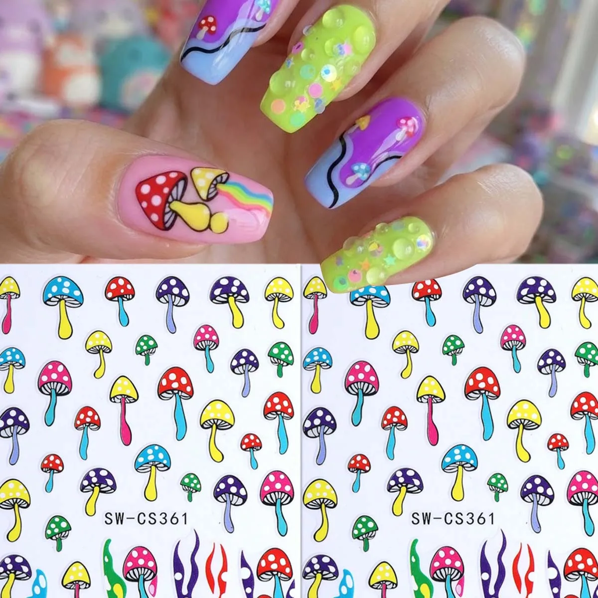 2Pcs 3D Color Mushroom Nail Stickers, Dopamine Plant Polka Dot Decals, Multicolor Nail Decorations, Spring Summer Music Festival