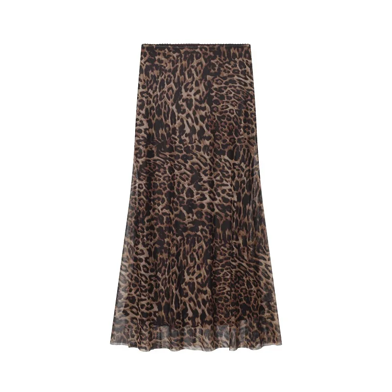 HXAO Leopard Long Skirts For Women Vintage Animal Print Mesh Skirt Set Summer Mid Waist Flowy Party Skirts Flared Tulle Skirt