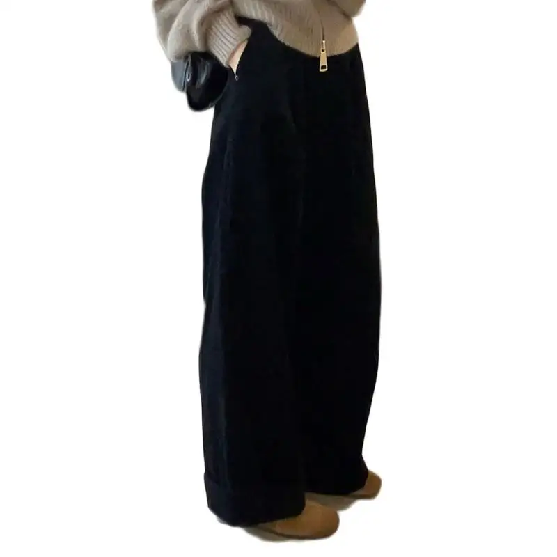 ハイウエストワイドレッグコーデュロイパンツ韓国風スリムカジュアルパンツ女性用秋冬ファッショナブルストレートパンツ