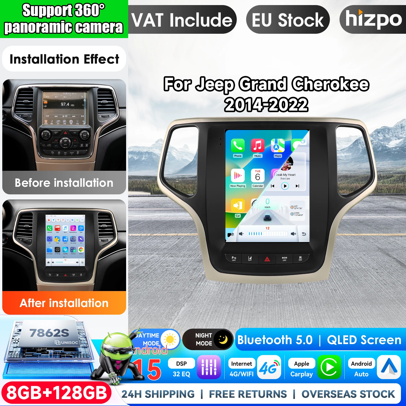 9,7 pollici per Jeep Grand Cherokee 2014 - 2017, autoradio stile Android 14 con Carplay, lettore multimediale 2DIN, GPS, autoradio stereo DVD, sistema di navigazione GPS, autoradio con AI, unità
