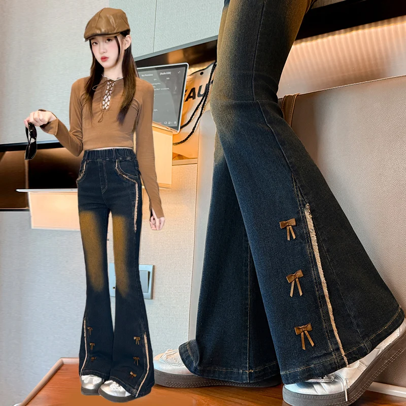 High Street Fashion Girl Autumn Vintage Y2k Design Slim Fit Flare Jeans with Bow Kids Child Popular Bootcut Denim Pants