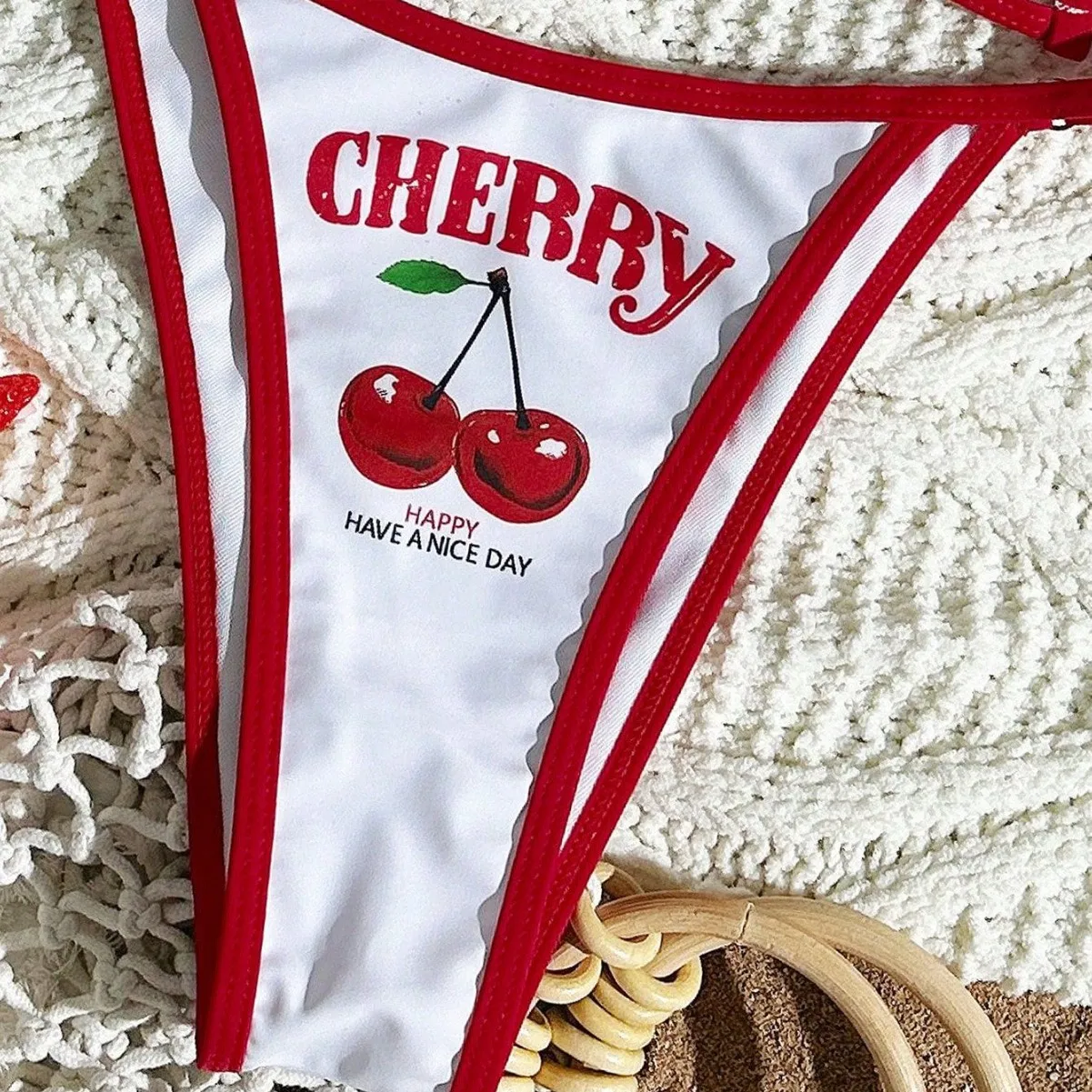 3Pcs Cherry Print Bikini Set Short Sleeve Crop Top Wrap Skirt Cover Up Women Beach Swimwear Festival Party Bathing Suit
