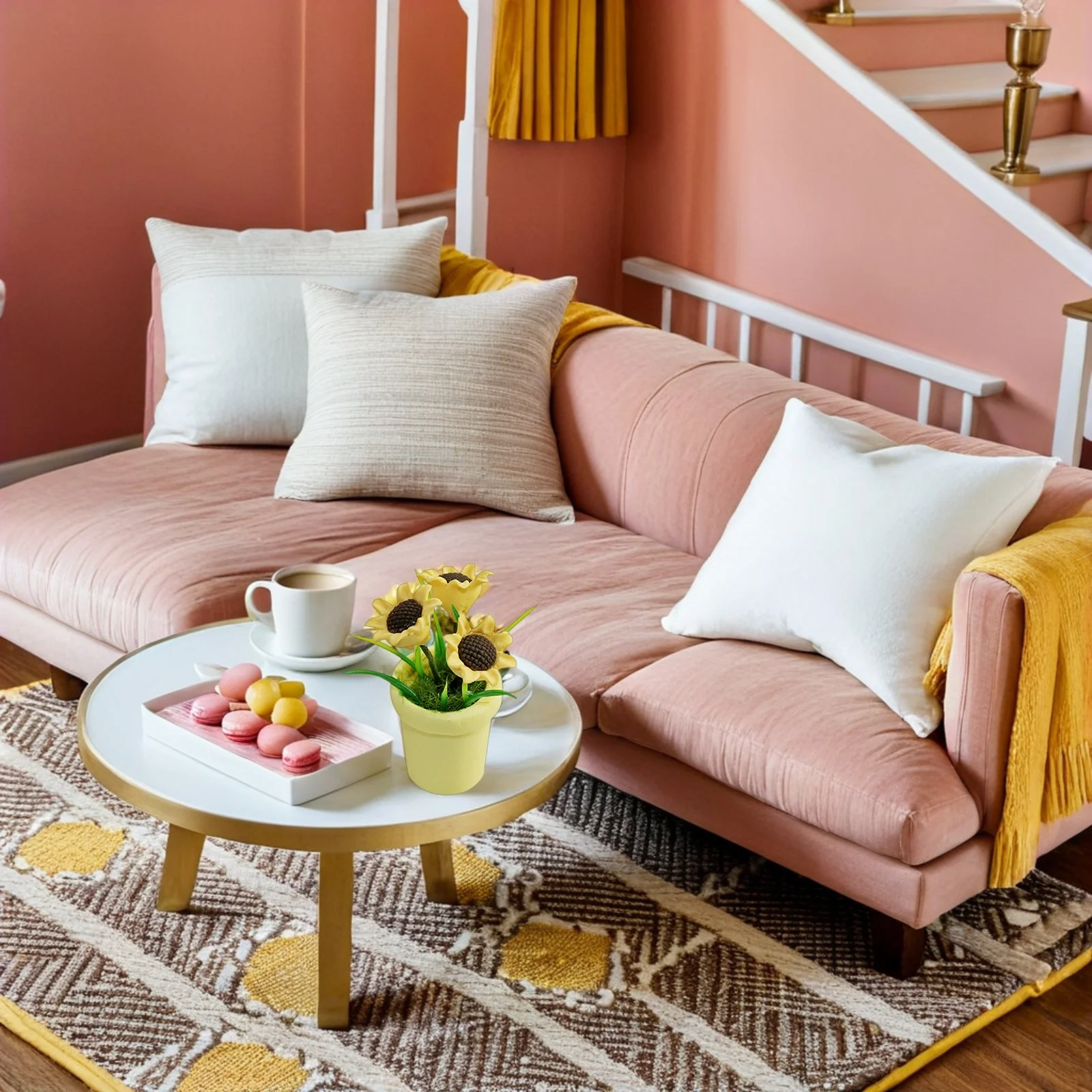 4개 미니어처 해바라기 분재 인공 식물 인형집 장식용 소형 실내 테이블탑 녹색 식물