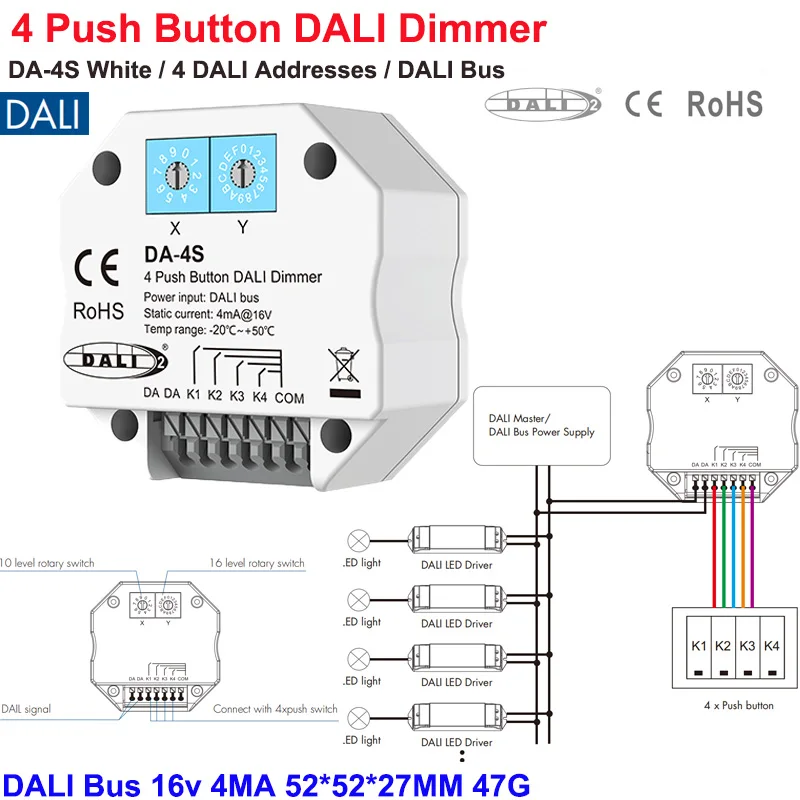 5SKYDANCE DA-4S DALI Dimmer 4 Push Button Standard DALI Master, control 4 DALI Addresses Support scene, group and broadcast mode