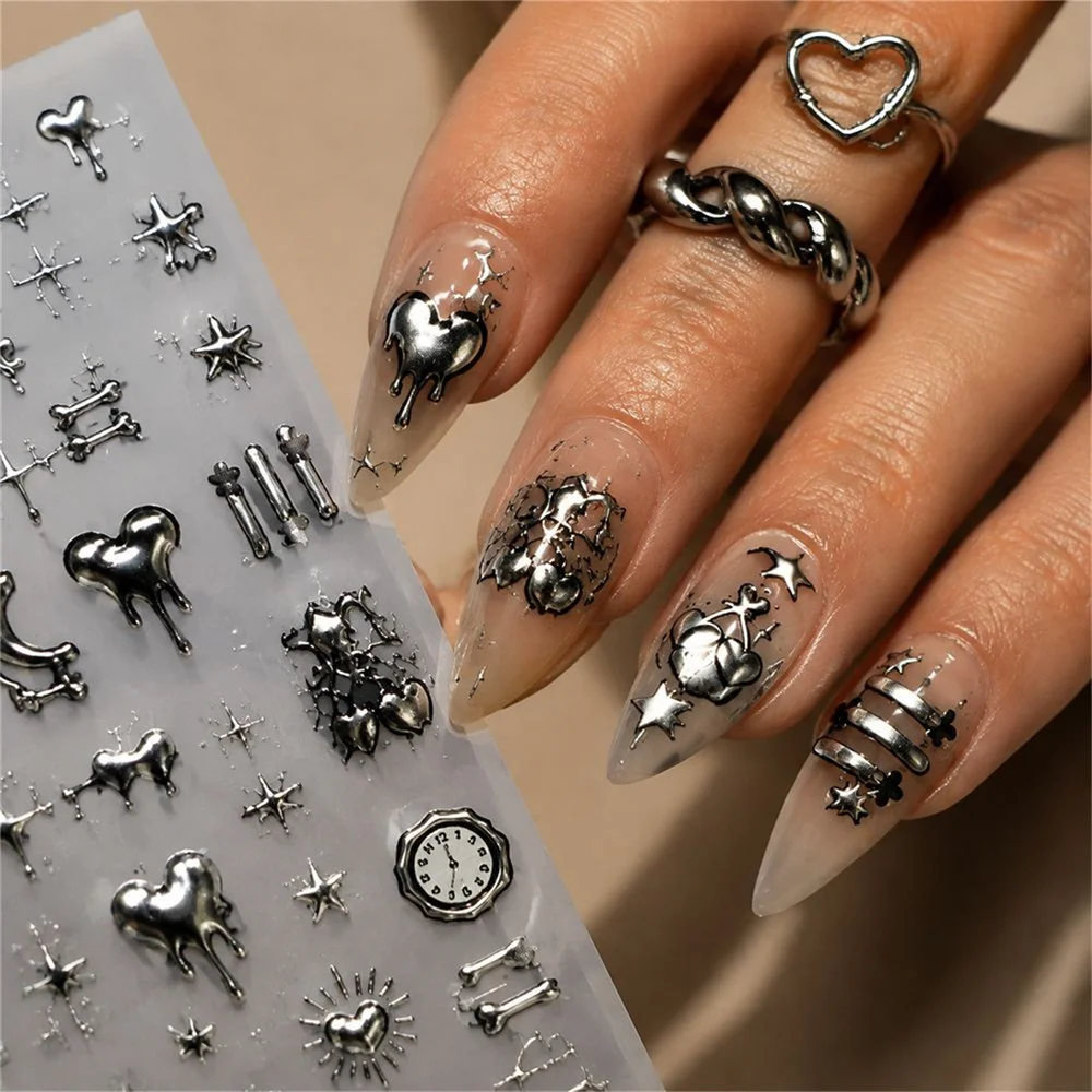 1Pc Gothic Self‑Adhesive Punk Nail Stickers 5D Hot‑Silver Y2K Melting Heart Clock Bow Moon Star Decals DIY Nail Art Accessories