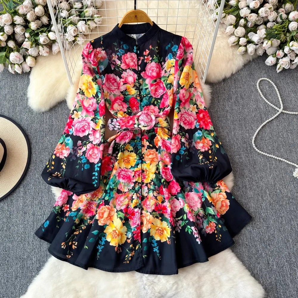 Women Elegant Floral Print Stand Ruffles Mini Dress Summer Long Puff Sleeved High Waist Linen Vestido Female Beach Vacation Robe