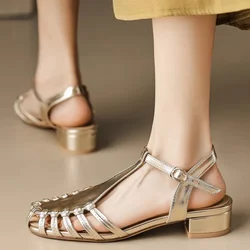 2024 Summer Women's Sandals Silver Gold Luxury Leather Strap Woven Roman Sandals Fashion Ankle Buckle Wide Heels Women Sandals