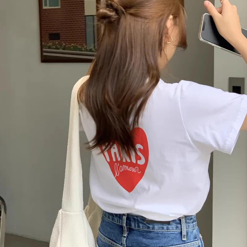 T-shirt retrò rotonda Ne ort Sve da donna, vestibilità ampia, design estivo chic, stampa di lettere Ba, versatile top coreano