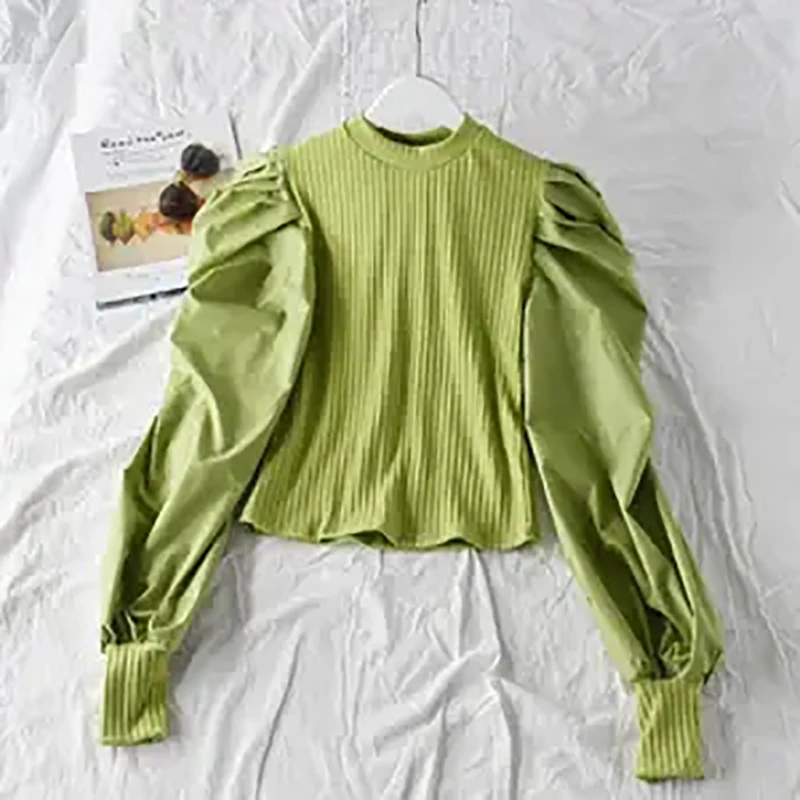 Elegant Office Lady 2024 New Korean Knitted Spliced Bubble Long Sleeves Show Slim Fashion Design Sense Solid Color Bottom Top