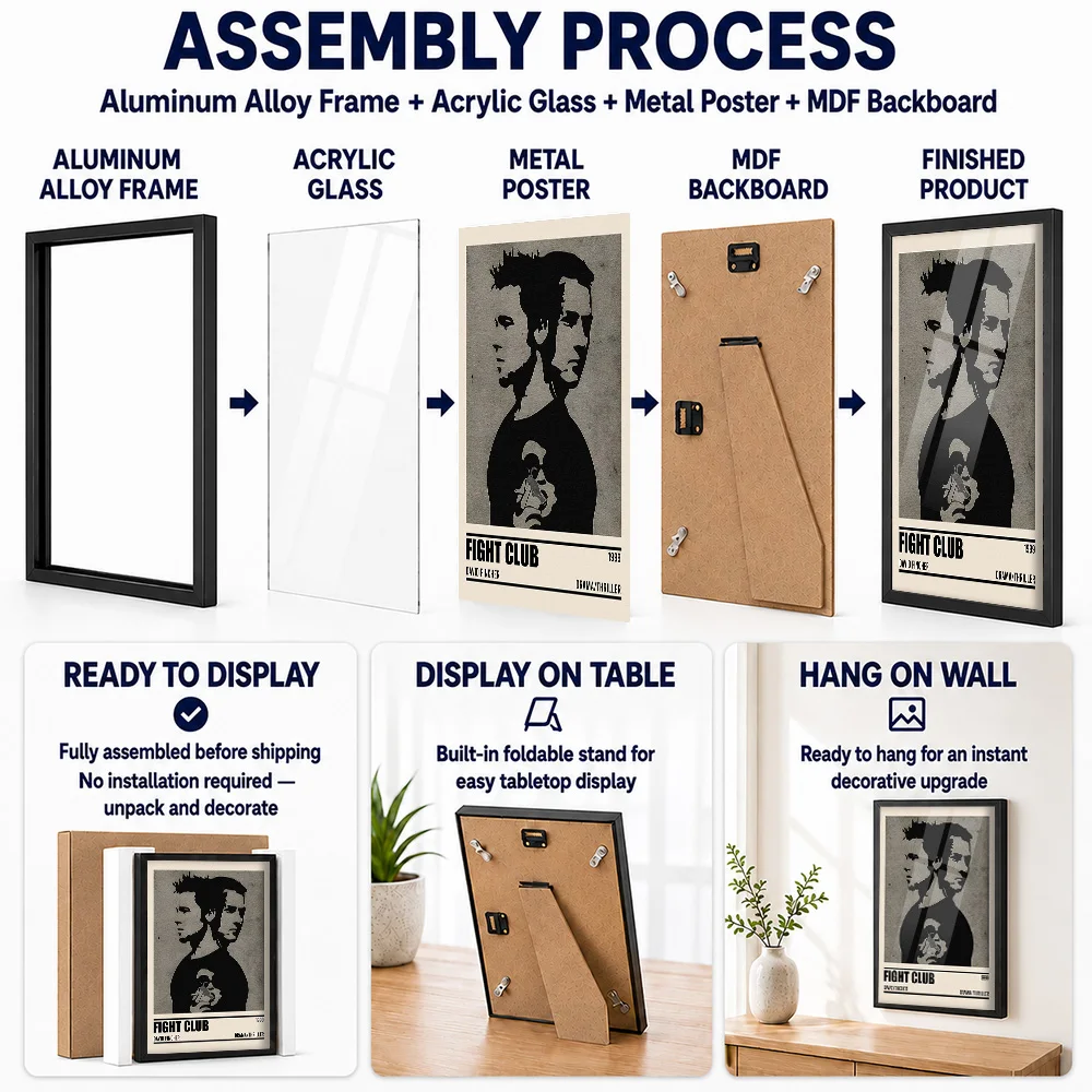 Fight Club Minimalist Framed Metal Poster Personalized Photo Modern Visual Style Wall Art For Lounge And Office Film Buff Gift