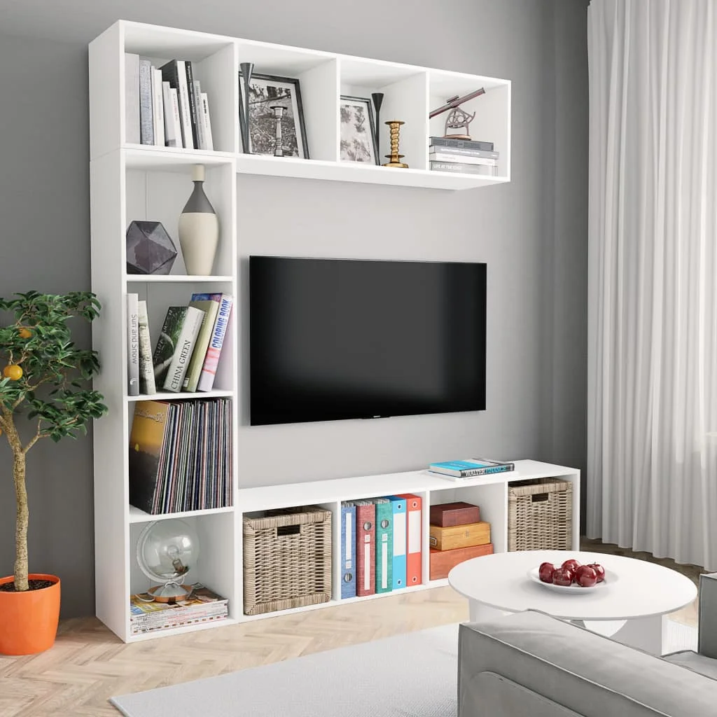 3-teiliges Bücherregal-/TV-Möbelset, weiß, 180 x 30 x 180 cm, freistehendes Bücherregal mit offenen Ablageflächen für Wohnzimmer, Arbeitszimmer, Büro