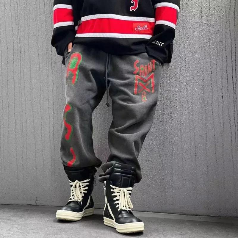 

Waed out fiti Letter Print Cuffed Pants Casual Loose Sports Faion Urban Sle Fce Lined Thiened Light ey