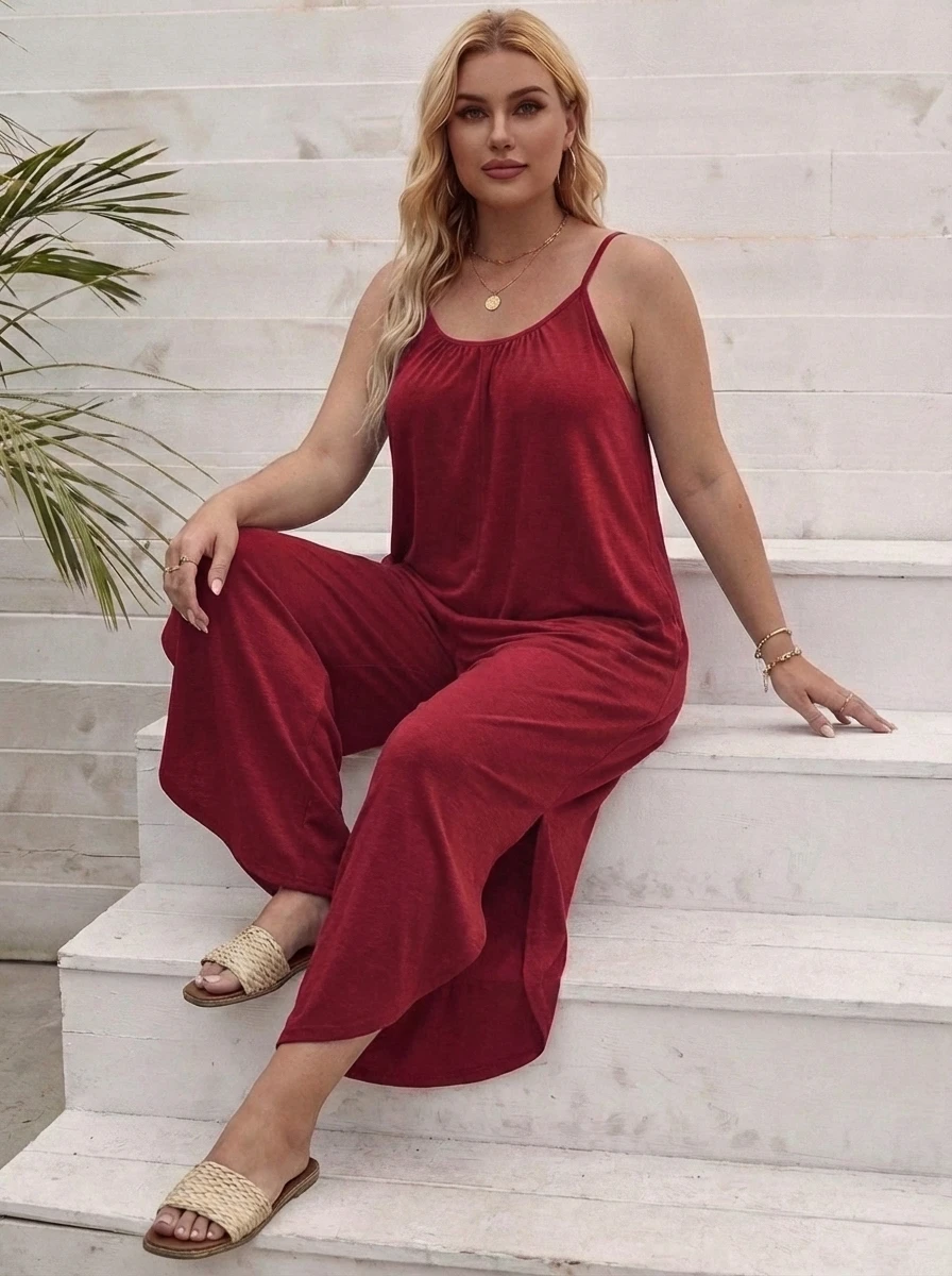 Women's Plus Size Spaghetti Strap Wide Leg Jumpsuit Loose Casual Summer Red image 4
