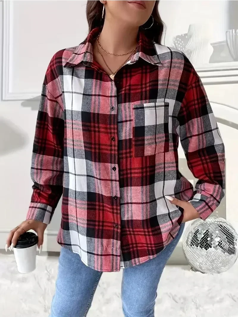 

Women's Plus size 1XL-5XL Fashionable Plaid Printed Single Shoulder Micro Elastic Long Sleeved Casual Shirt Top