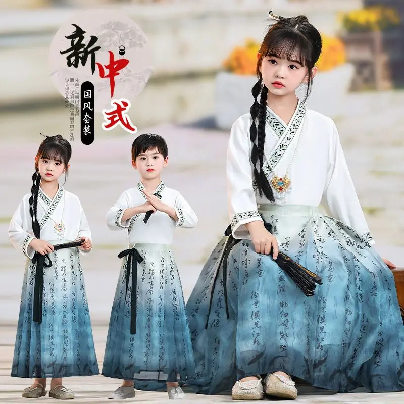 

Kids Modern Hanfu Set - Chinese Long Sleeve Blouse & A-Line Skirt (2PC) New Traditional Costume for Girls Ages 3-12