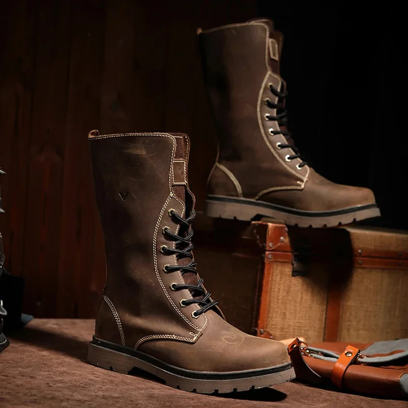 KOWM Cowhide Hiking Shoes Men Waterproof Motorcycle Tactical shoes trekking travel sneaker Hunting Boot Desert Combat snow Boots