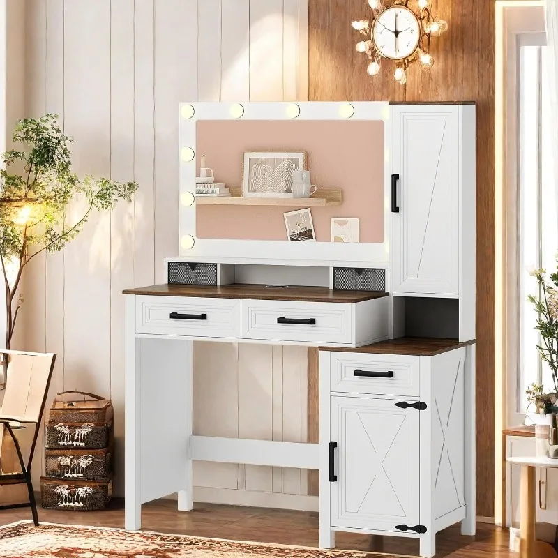 Makeup Vanity,Vanity Desk with Square Mirror,Farmhouse Vanity with 2 Drawers,Multi-Functional Side，home.