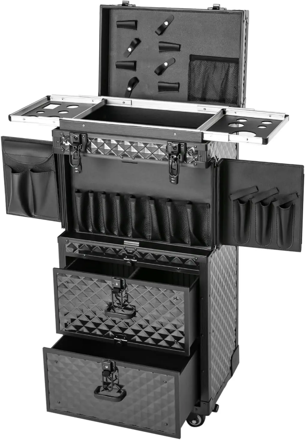 Rolling Lockable Makeup Train Case Stylist Beauty Salon Cosmetic Luggage Travel Organizer Tool Box Wheels Hairdressing Rolling T