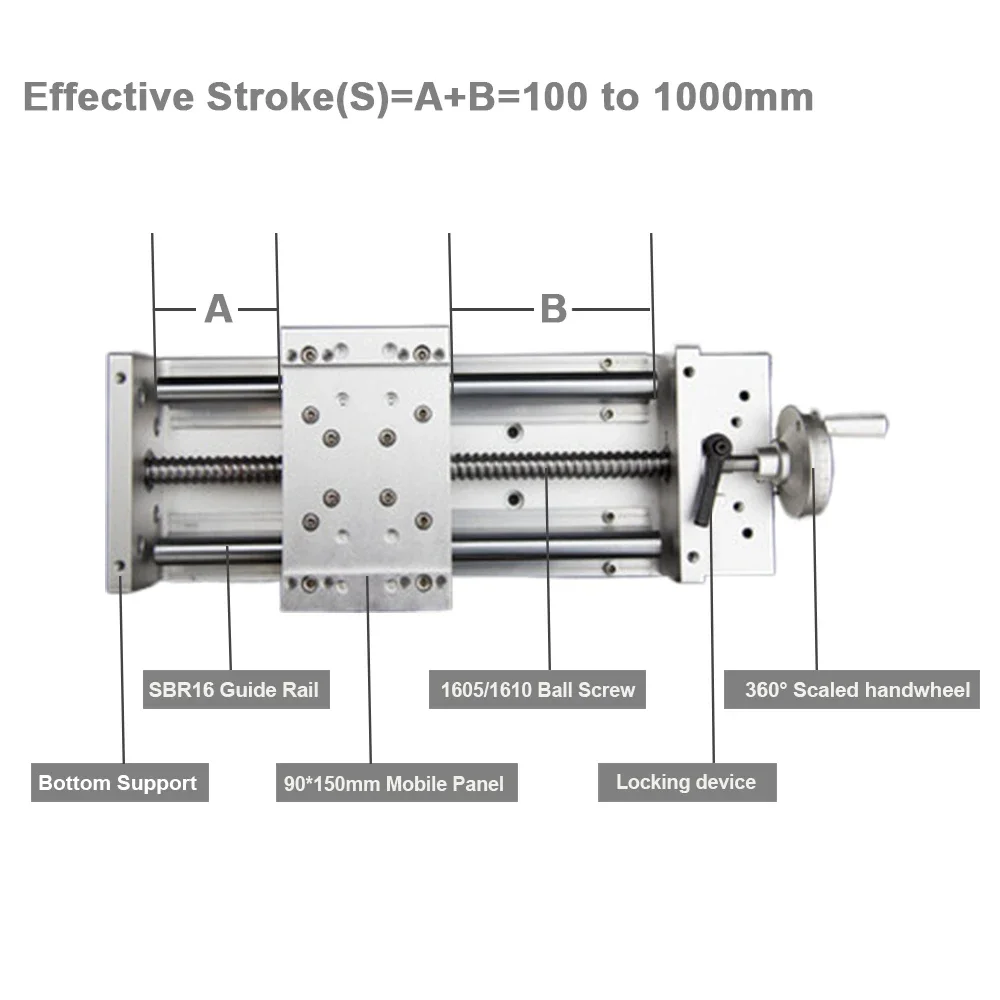 100~400MM Stroke Manual Workbench CNC Sliding Table Hanwheel Heavy Load Slide Linear Stage SFU1605/1610 C7 BallScrew SBR16 Guide