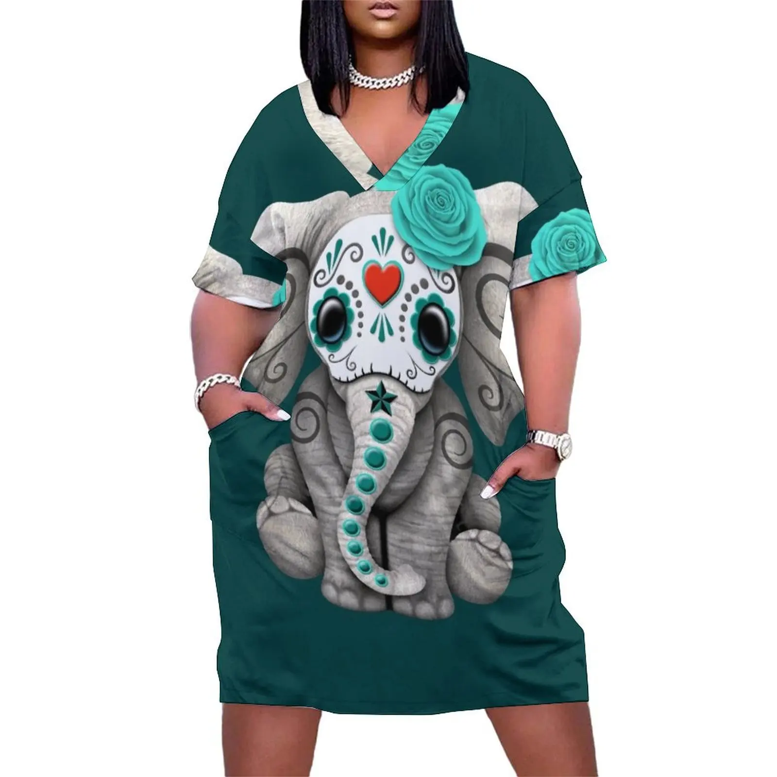 

Teal Blue Day of the Dead Sugar Skull Baby Elephant Loose Pocket Dress sensual sexy dress for women dress women elegant luxury