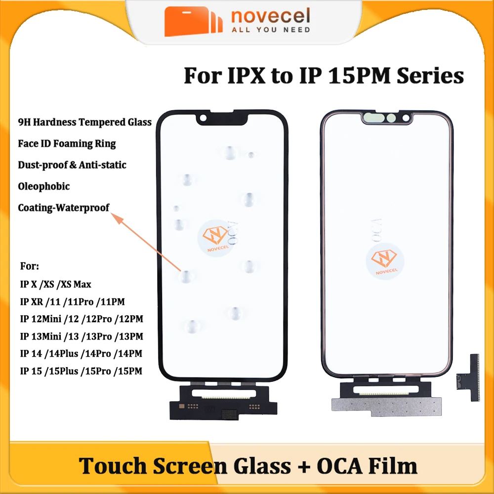 Novecel 5pcs Touch Screen Glass Digitizer Sensor Flex+OCA Film for iPhone 15 X XR XS Max 11 12 13 14 Pro Max Repair Replacement
