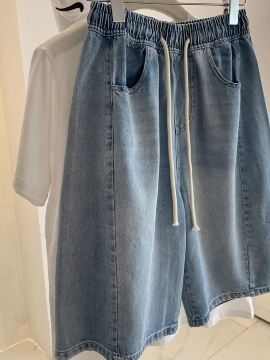 

Summer Thin Five-Sixths Women's Jeans Shorts High Waist Wide Leg Casual Loose Fit Drawstring Closure Medium Rigidity Denim