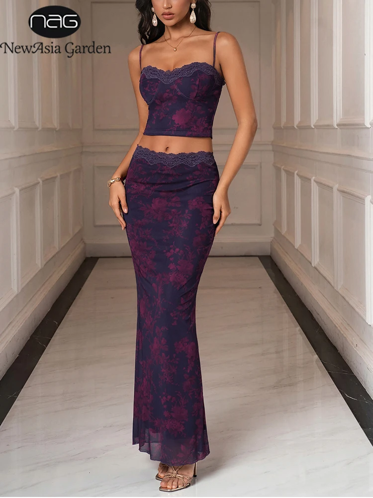 NewAsia Women's Floral Lace Trim Two Piece Outfit Crop Cami Top Bodycon Maxi Mermaid Skirt Elegant Purple Mesh Set Party Evening