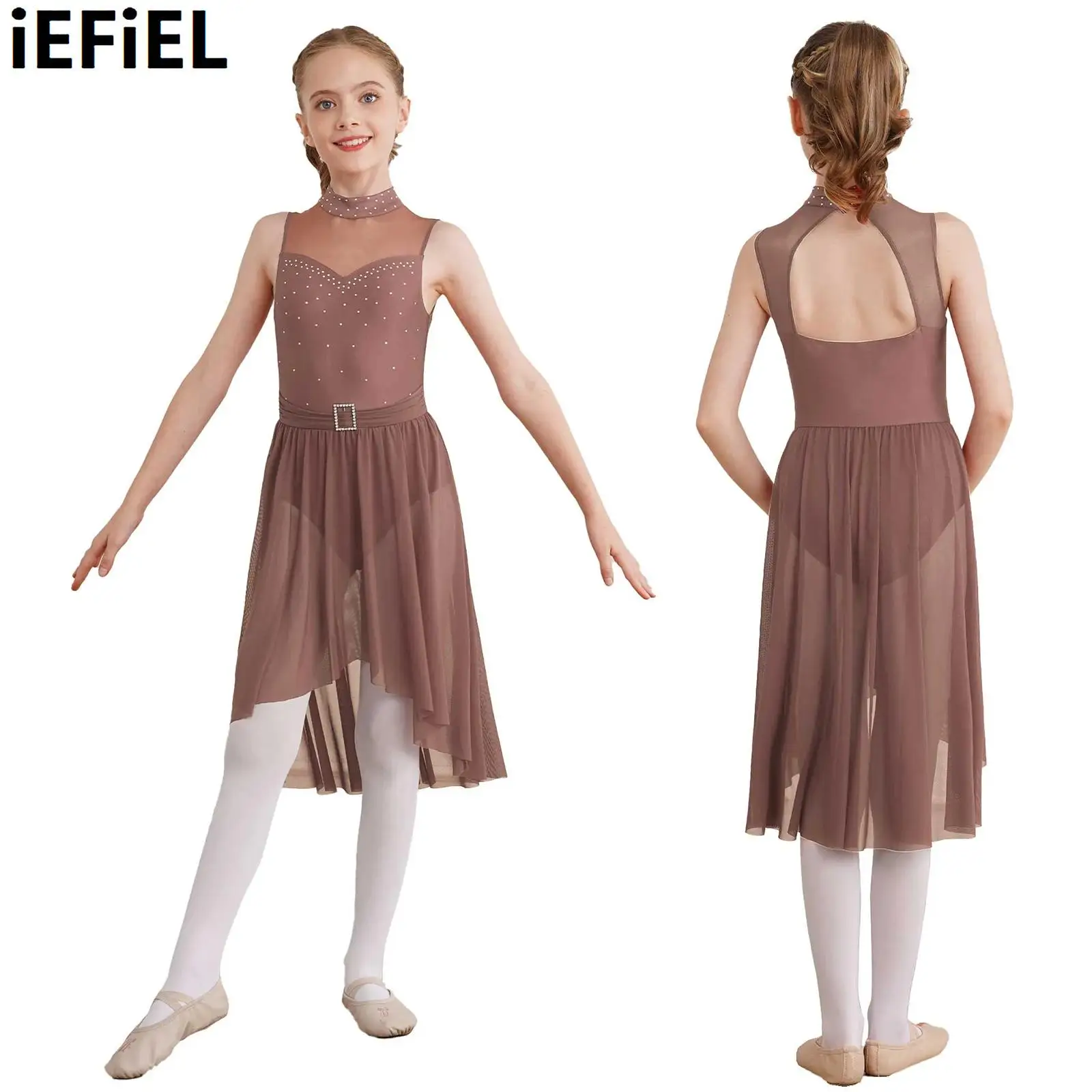 

Kids Girls Lyrical Modern Dance Dress Sleeveless Rhinestone Back Hollow High-Low Hem Built-in Briefs Dance Leotard Dress