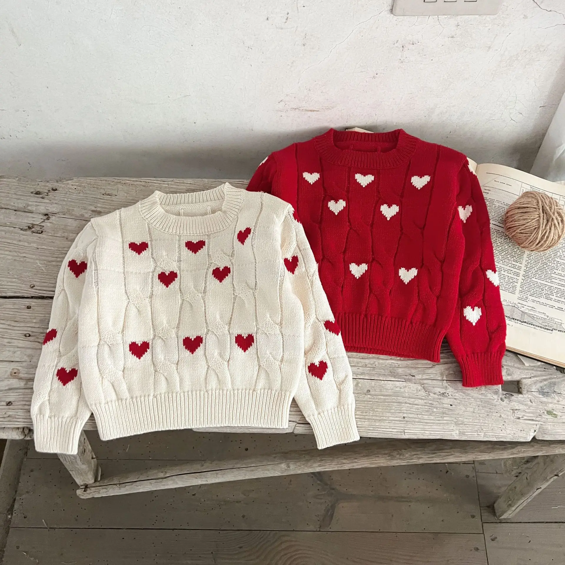 2024 Spring New Children Long Sleeve Knit Sweater Infant Boys Girls Heart Knitwear Toddler Casual Pullover Kids Knitted Tops