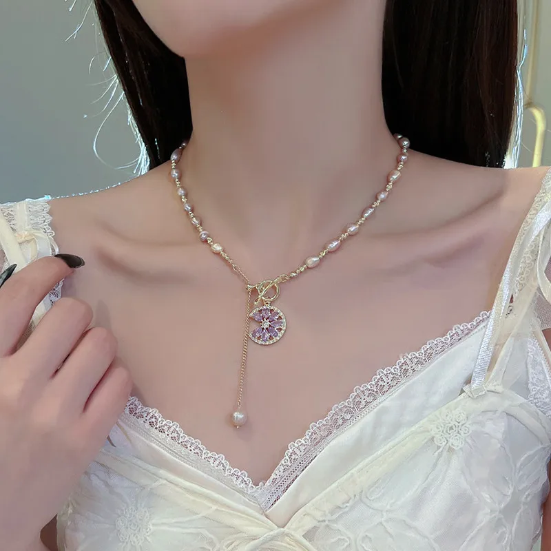 New Arrival Sweet Shiny CZ Zircon Flower Natural Freshwater Pearl 14K Gold Filled Female Pendant Necklace Jewelry For Women Gift