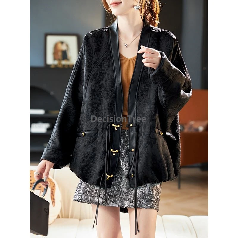 

2025 v-neck batwing sleeved chinese tang suit coat loose jacquard patchwork women's top casual versatile retro trendy coat