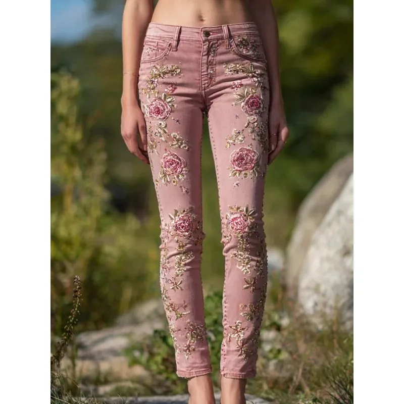 Pantalon en jean extensible taille haute imprimé 3D pour femmes, mode florale, jambe droite, décontracté