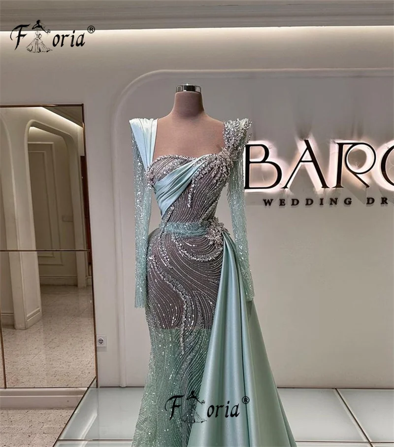 

Mint Green Evening Wedding Dresses Dubai Beaded Crystal Mermaid Prom Gowns Customized Formal Dress Elegant Gala 2025 Robe Soiree