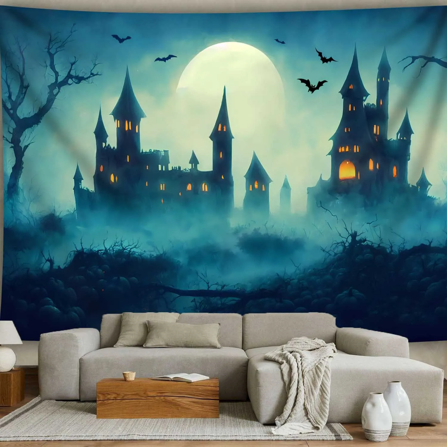 tapestry Gothic Misty Castle Tapestry - Spooky Halloween Decor with Full Moon, Bats & Haunted Castle Print - Soft Polyester