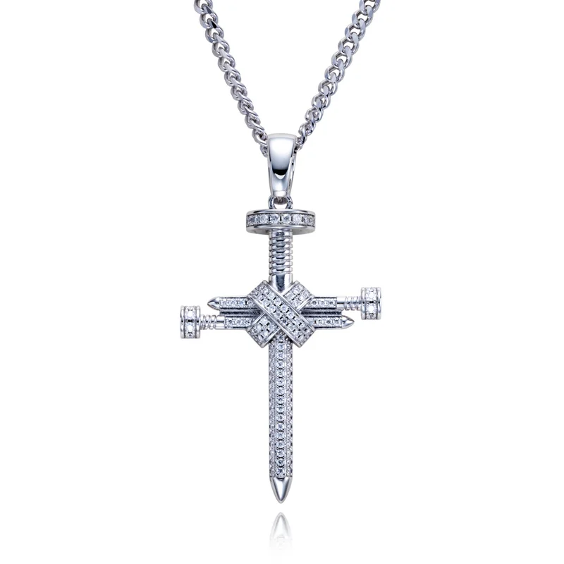 MossanRappr Moissanite Bling Schroef Kruis Hanger Trendy Hip Hop Ketting 925 Sterling Zilver Rock Punk Accessoires voor Mannen Vrouwen - afbeelding 2