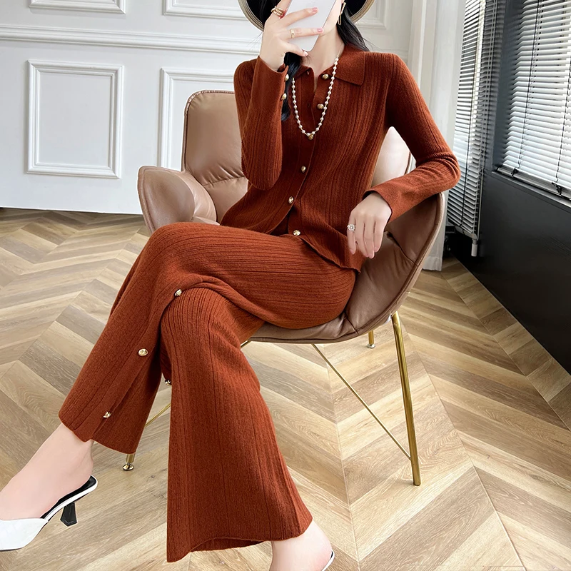 

100% Pure Wool Two Pcs Women Sweater Set Polo Collar Knit Cardigan+High Waisted Elastic Wide Leg Pants Fashion Elegant Lady Suit