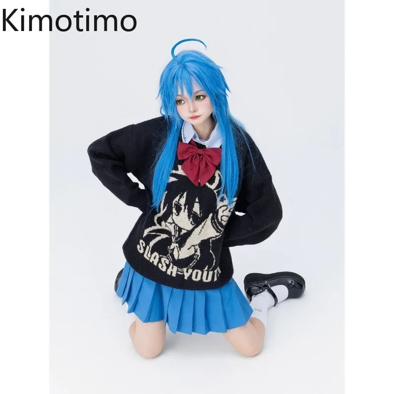 

Kimotimo Japanese Anime Print Pullovers Women 2025 Autumn Winter O-Neck Loose Long Sleeve Sweater Vintage Fashion Y2k Knit Tops