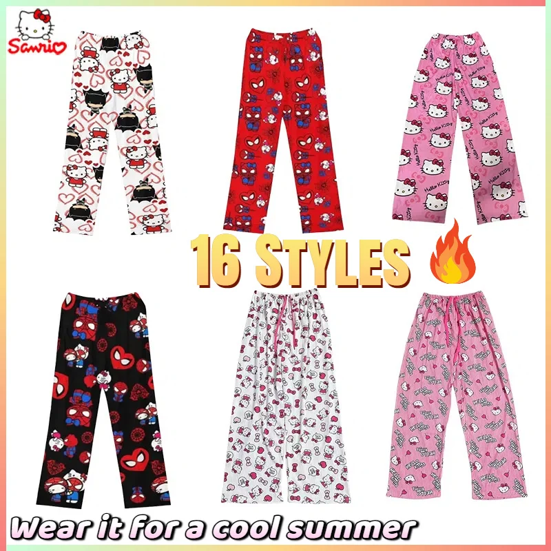 Pantalones de pijama rosas con dibujos de Hello Kitty y gato para niñas, pantalones finos informales holgados para el hogar, pantalones cómodos para caminar