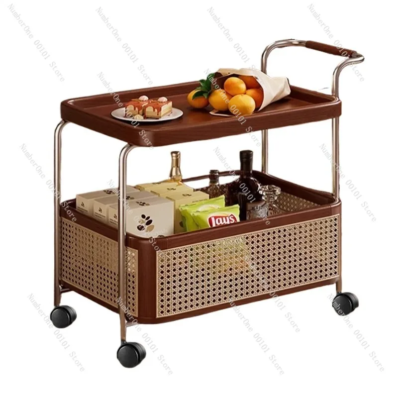 Vintage Solid Wood Rolling Side Table Storage Trolley Mid Century Rattan Woven Snack Cart Mobile End Table for Living Room Sofa