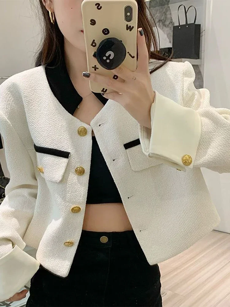 Stand Collar Patchwork Women Jacket Short  Long Sleeve Buttons Fake Pocket Female Coat 2024 Fashion Spring Casual Lady Overcoat