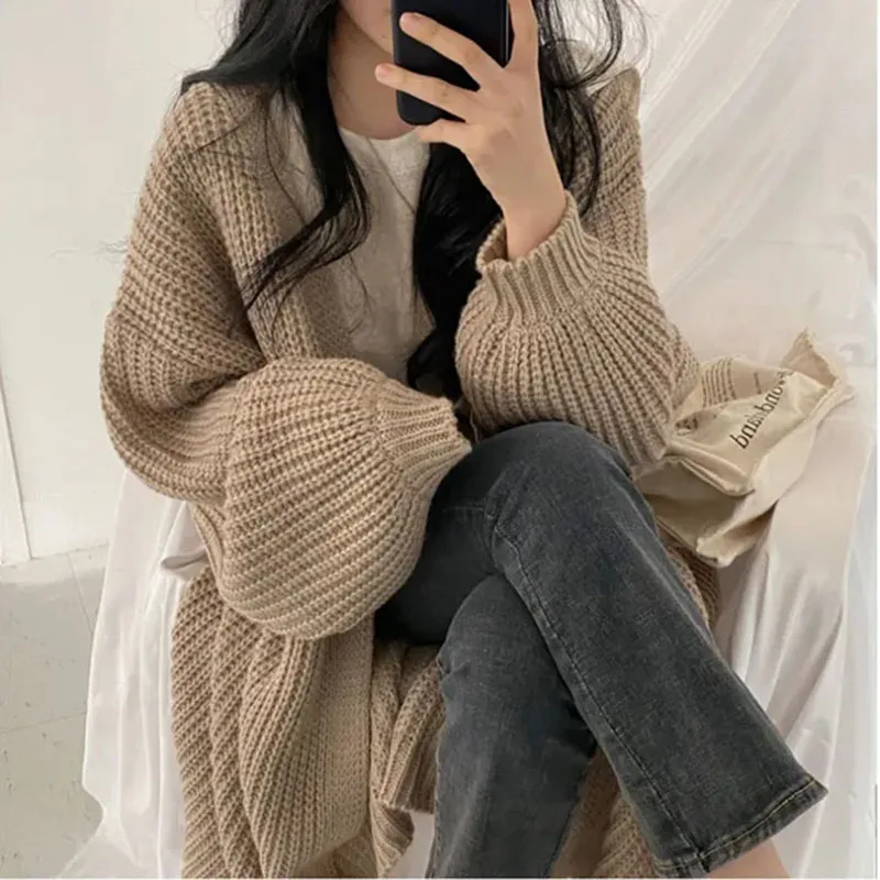 Women Streetwear Cardigan Lantern Sleeve Lazy Loose Sweater Autumn New Knitting Solid Harajuku Outwear Fashion Casual