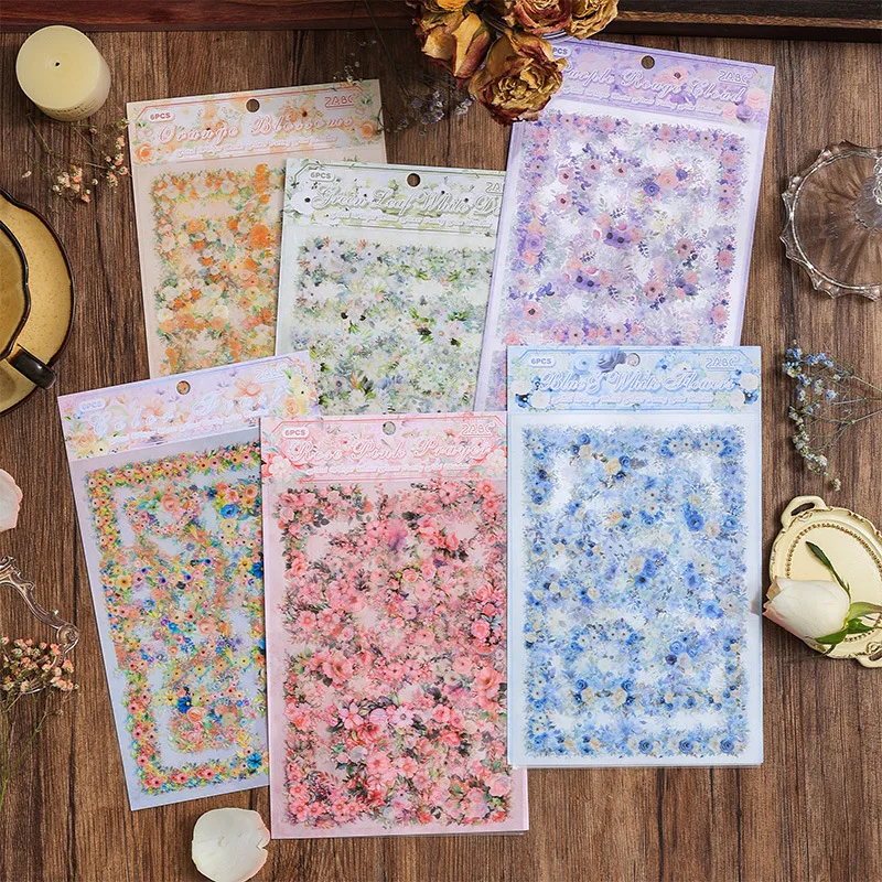 6 Stück/Packung Floral Whisper Serie PET-Aufkleber, Blumen-Themen DIY Journal Scrapbook Deko-Zubehör