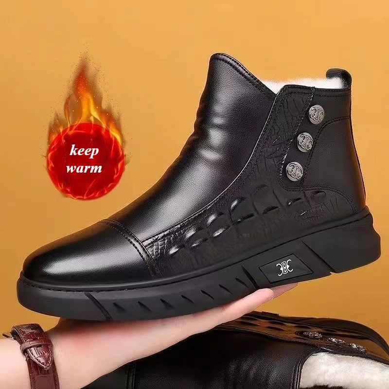 

Luxury Men Boots Fashion High-top Platform Boot Classic Business Casual Leather Boots Winter Plush Warm Cotton Boots for Men2025