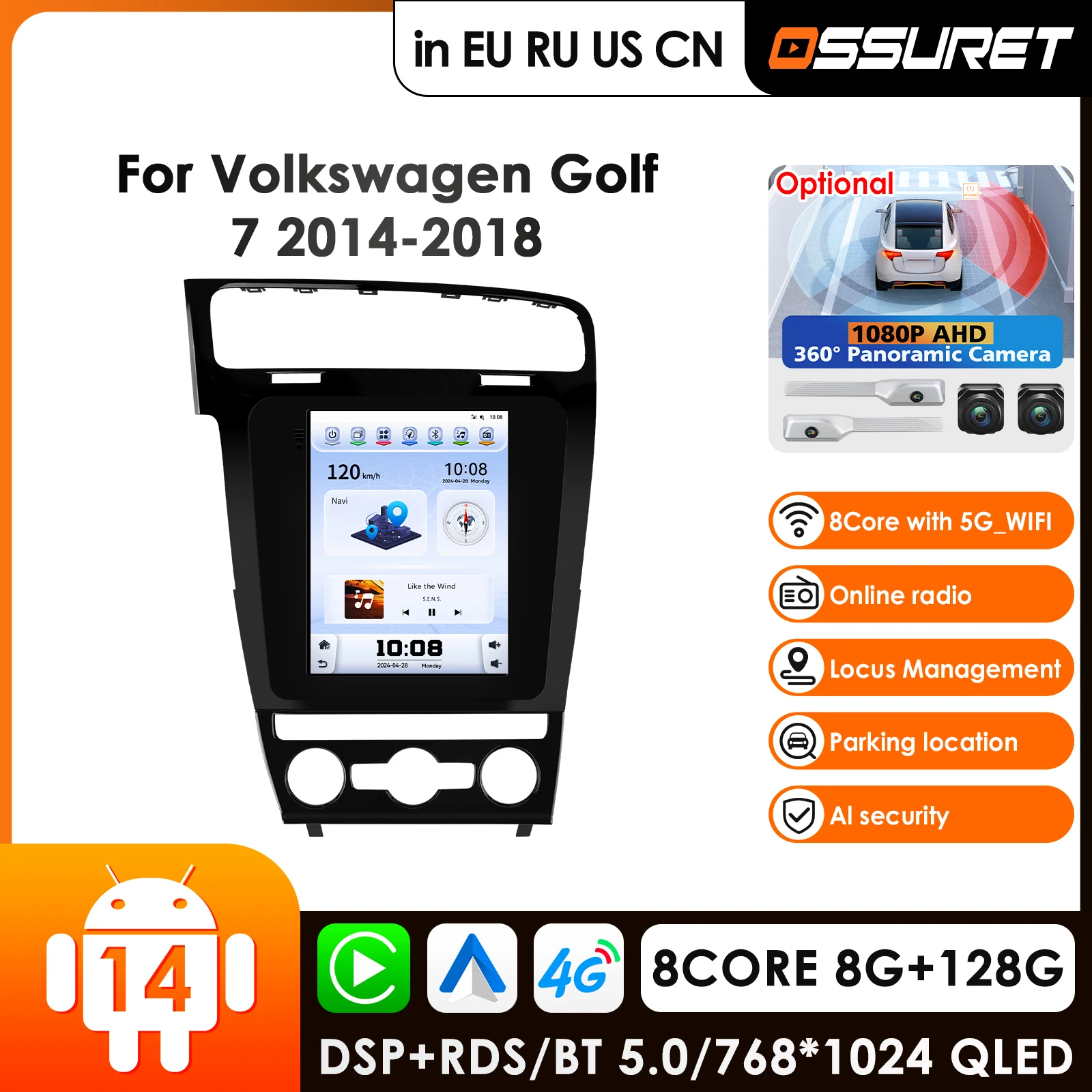 

Автомагнитола Ossuret 9.7 дюймов с поворотным экраном на 360°, Android 14, Carplay для Volkswagen Golf 7, GPS, Wi-Fi, FM-ресивер, мультимедийный проигрыватель