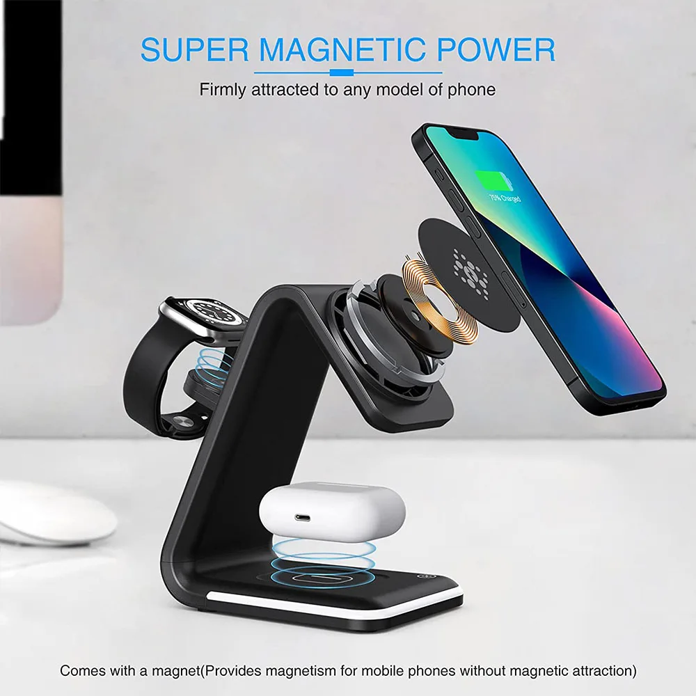 Soporte de cargador inalámbrico magnético 3 en 1 de 20W para Apple Watch 7 6 15W, estación de carga rápida para iPhone 13 12 AirPods 2 Pro