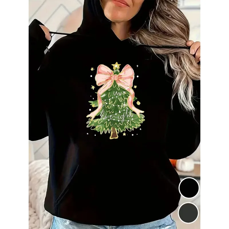 Women's casual loose hoodie Cute holiday bow and Christmas tree pattern Soft, comfortable, sweetly stylish Christmas Casual Wear
