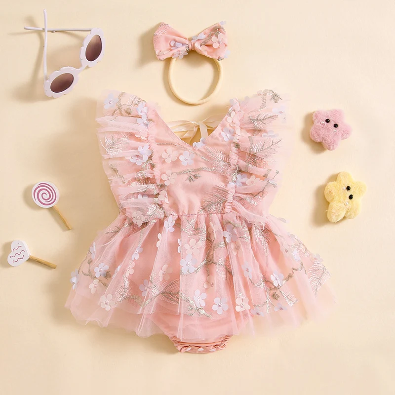 Baby Clothing Girl Rompers Dress Summer Flower Embroidered Tulle Jumpsuit And Bowknot Headband Clothes Newborn Set