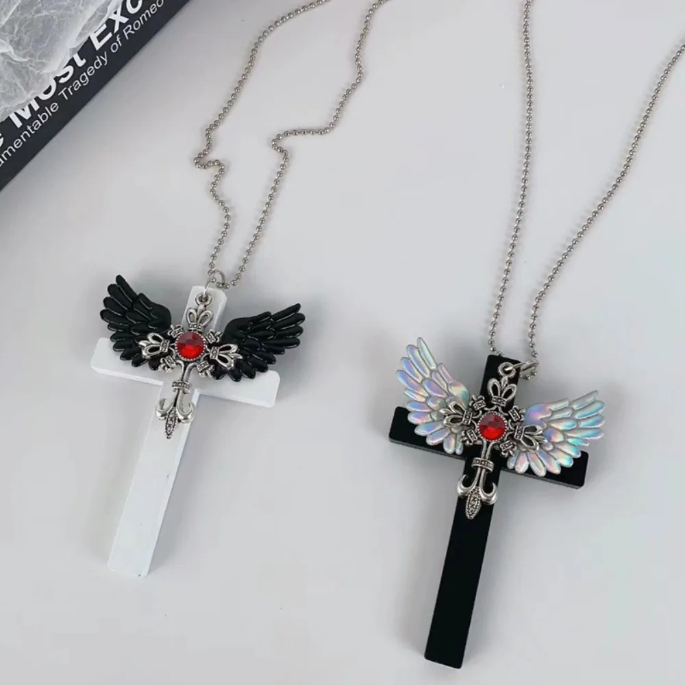 Angel Wings Pendant Necklace Gothic Punk Black White Religious Charm Jewelry Alternative Statement Accessory Gift for Couples