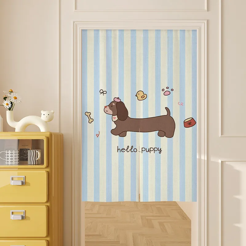 VIKAMA Dachshund Puppy Noren Door Curtain Plaid Cartoon Print Hanging Curtain Kids Door Partition Sweet Cute Home Decor