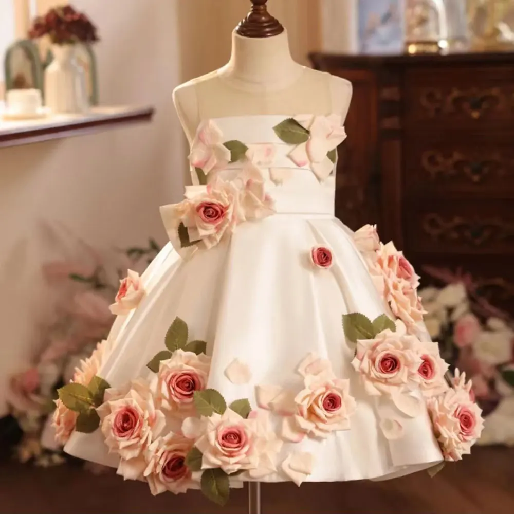 Dreamy Vow Chic Baby Girl Dress Satin Embellished with 3D Flowers for Kids 1st Toddler Celebration Knee Length Ball Gown J203